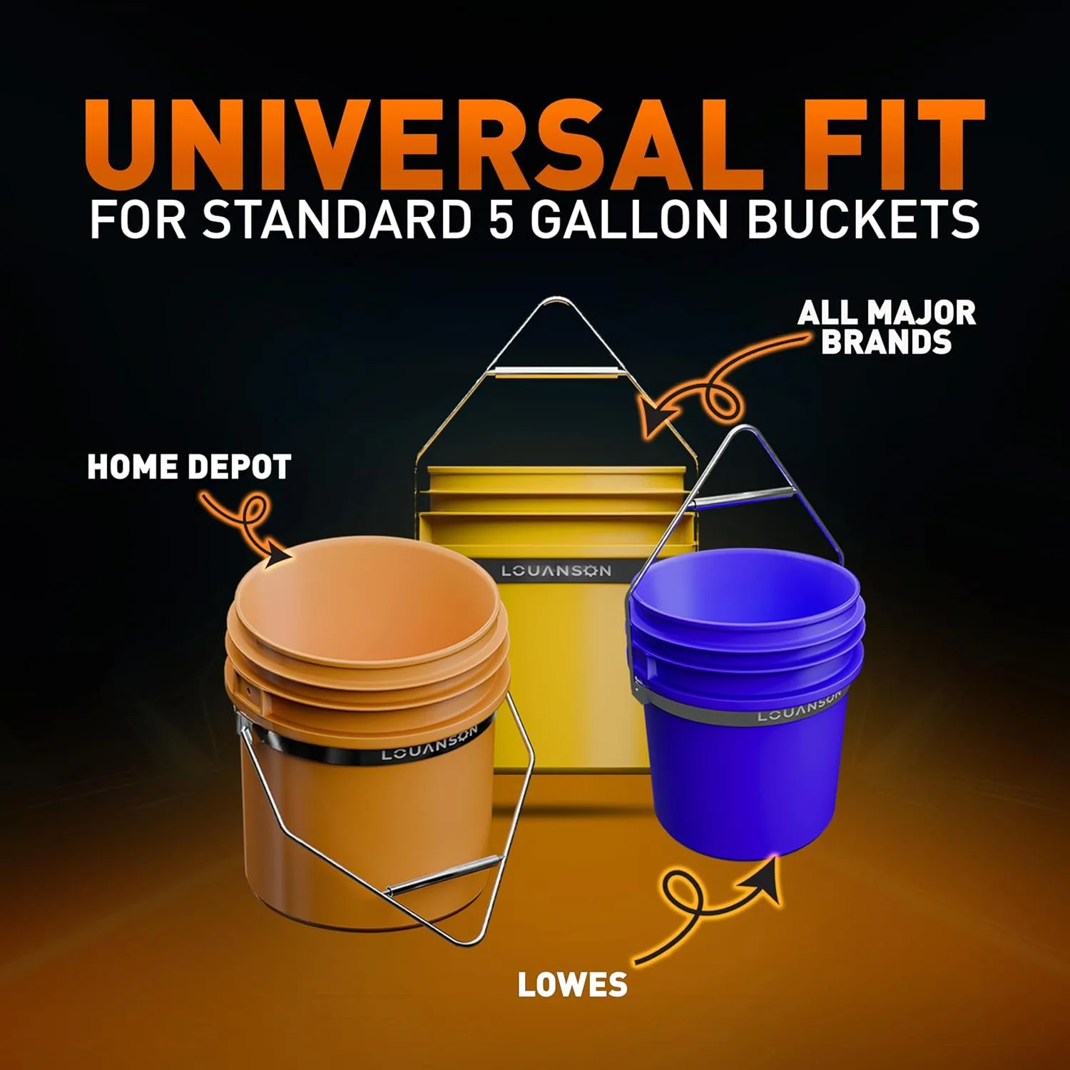 Universal fit for standard 5-gallon buckets. Home Depot, Lowe's, and all major brands.
