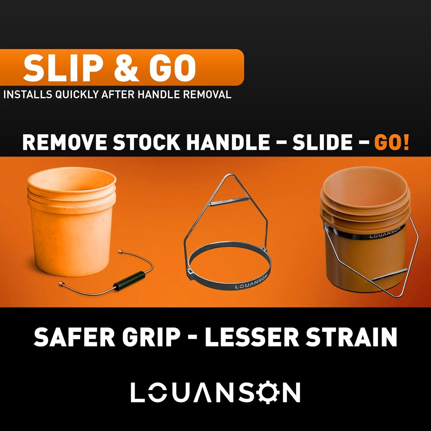 Slip and go: remove stock handle, slide the Louanson harness on, go.